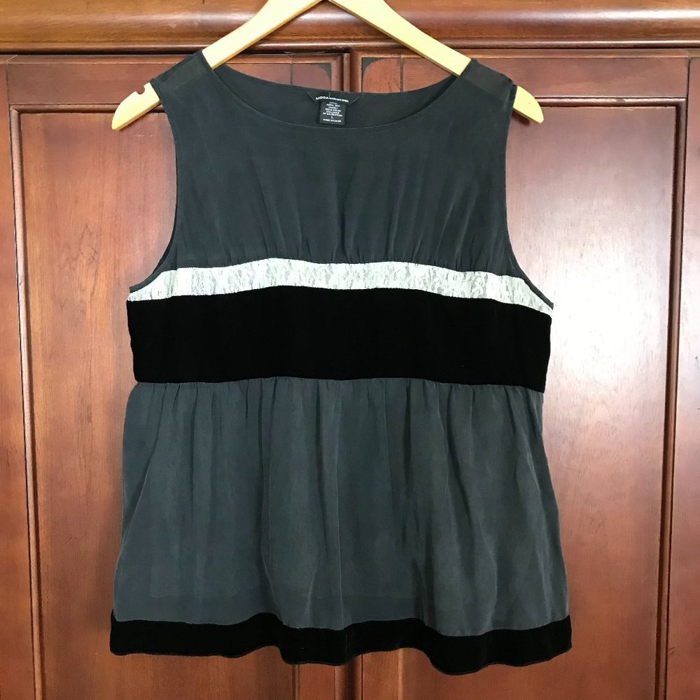 MODA INTERNATIONAL Gray Black Velvet Lace Sleeveless Silk Blouse Top L